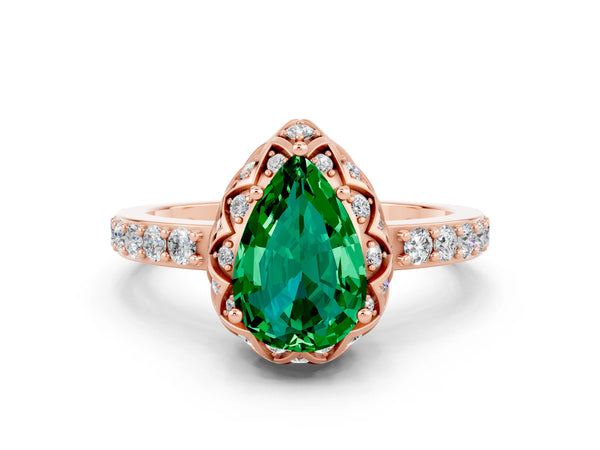 Rose gold Pear Cut Emerald Scalloped Halo Engagement Ring with Round Shared Prong Band