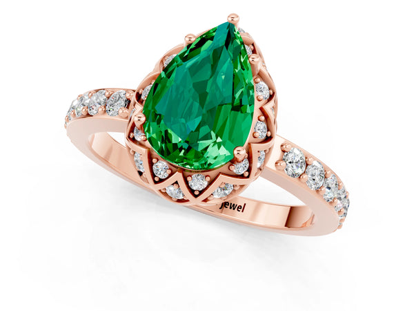 Rose gold Pear Cut Emerald Scalloped Halo Engagement Ring with Round Shared Prong Band