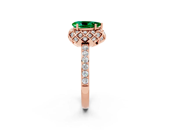 Rose gold Pear Cut Emerald Scalloped Halo Engagement Ring with Round Shared Prong Band