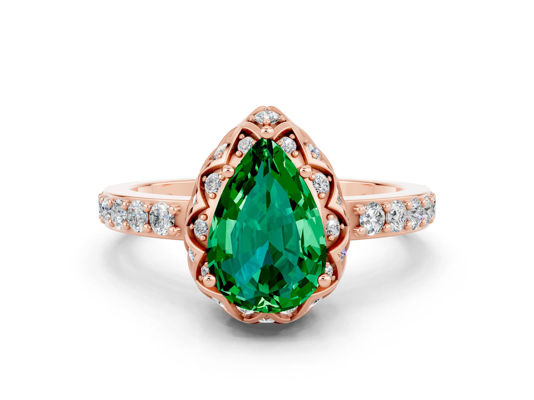 Rose gold Pear Cut Emerald Scalloped Halo Engagement Ring with Round Shared Prong Band_25