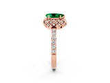 Rose gold Pear Cut Emerald Scalloped Halo Engagement Ring with Round Shared Prong Band_27