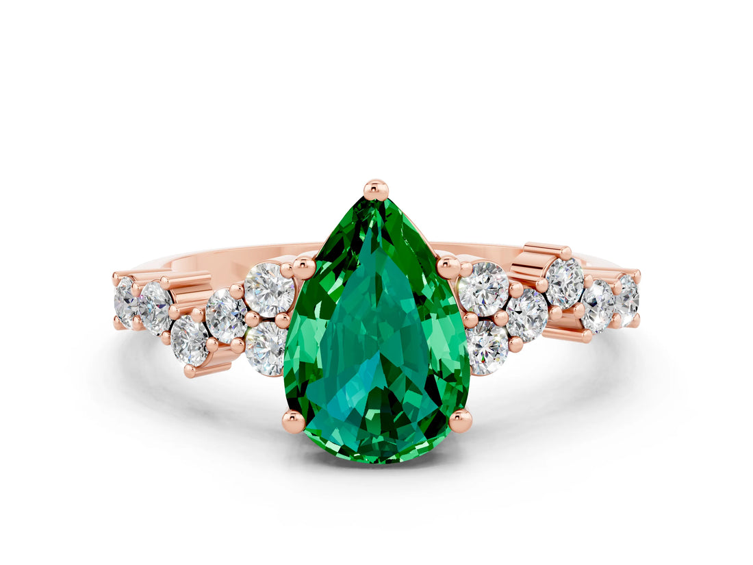 Rose gold Pear Cut Emerald Scattered Round Accent Ring with Prong Setting_12