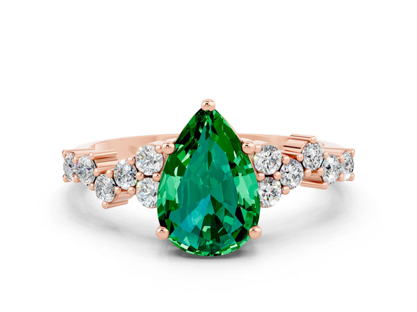 Rose gold Pear Cut Emerald Scattered Round Accent Ring with Prong Setting