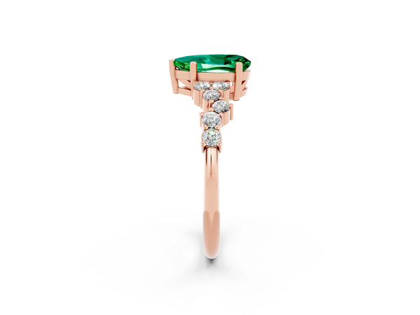 Rose gold Pear Cut Emerald Scattered Round Accent Ring with Prong Setting