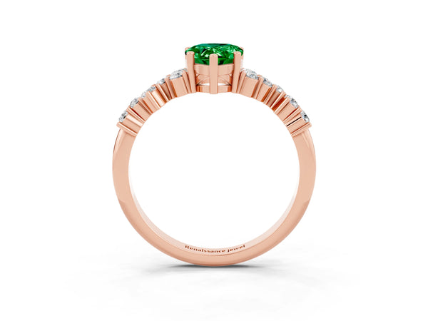 Rose gold Pear Cut Emerald Scattered Round Accent Ring with Prong Setting