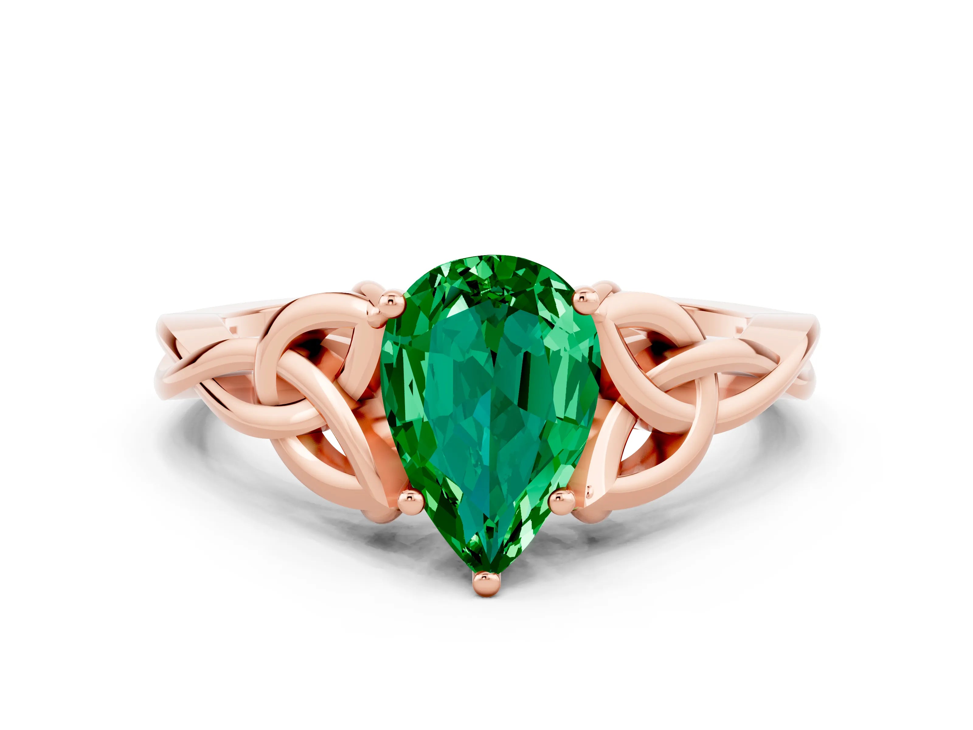 Rose gold Pear Cut Emerald Solitaire Celtic Knot Ring with Four-Prong Setting_12