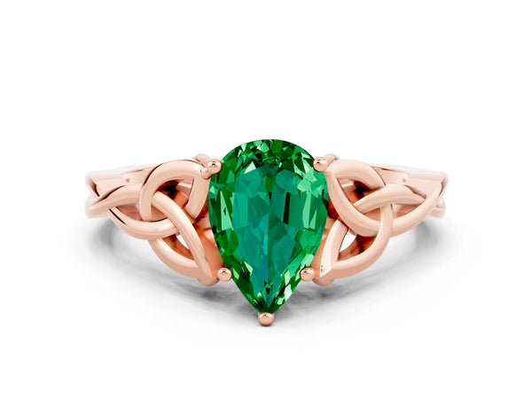 Rose gold Pear Cut Emerald Solitaire Celtic Knot Ring with Four-Prong Setting