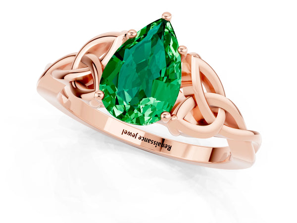 Rose gold Pear Cut Emerald Solitaire Celtic Knot Ring with Four-Prong Setting