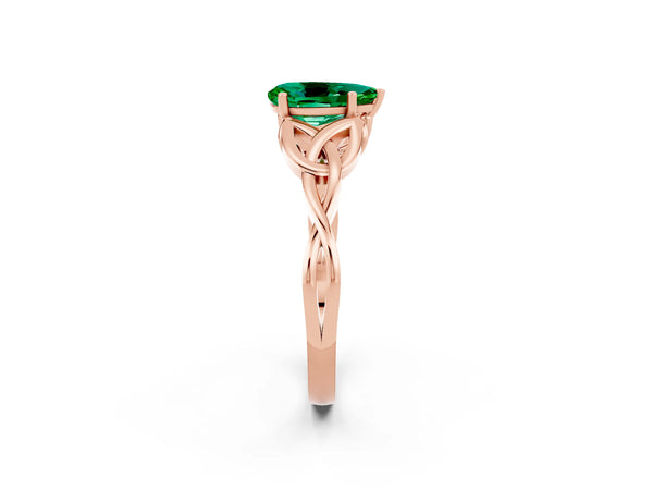 Rose gold Pear Cut Emerald Solitaire Celtic Knot Ring with Four-Prong Setting