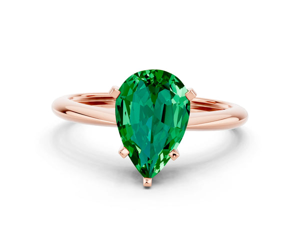 Rose gold Pear Cut Emerald Solitaire Engagement Ring with Classic Band and Four-Prong Setting