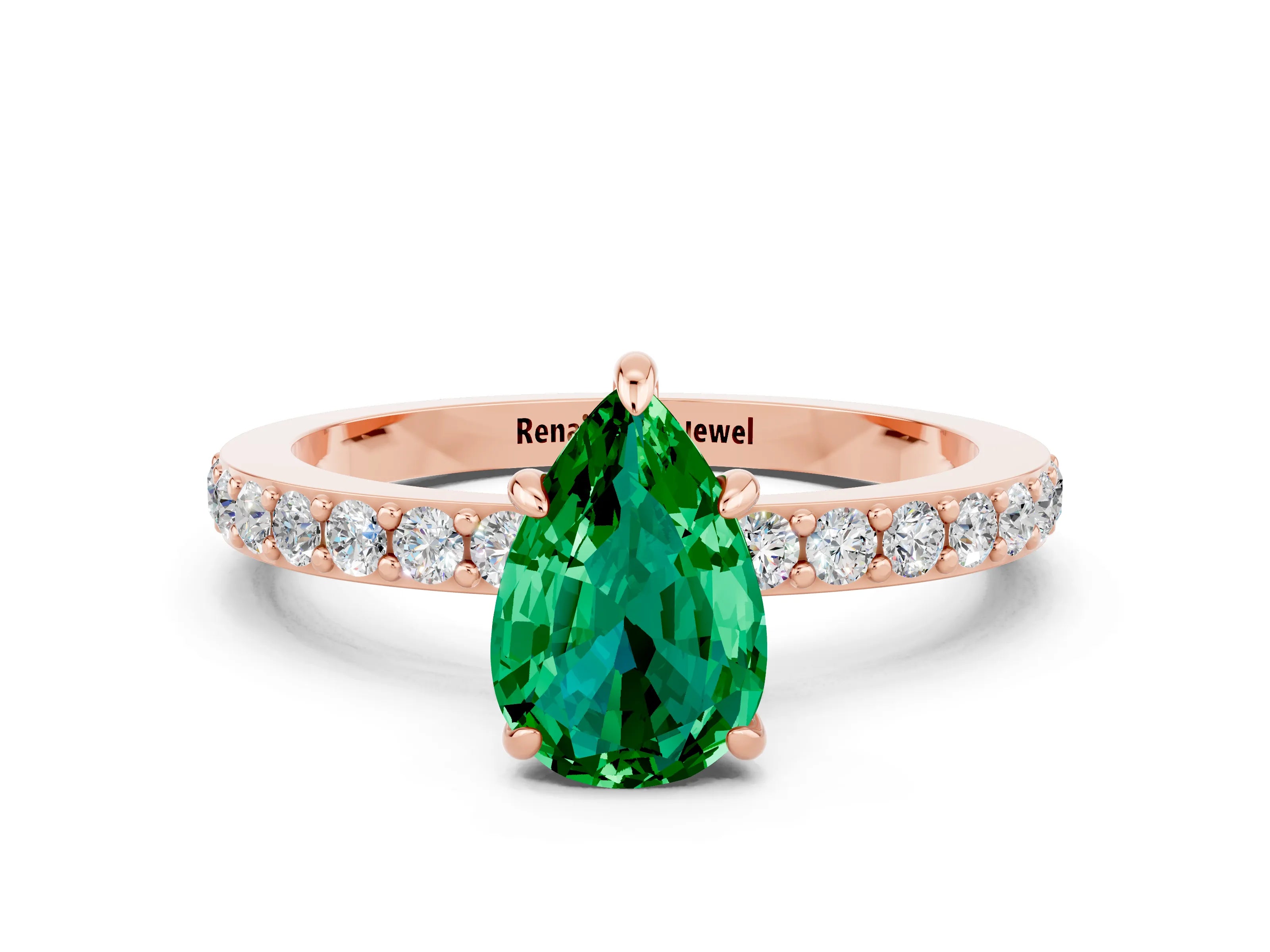 Rose gold Pear Cut Emerald Solitaire Engagement Ring with Pavé Band and Four-Prong Setting