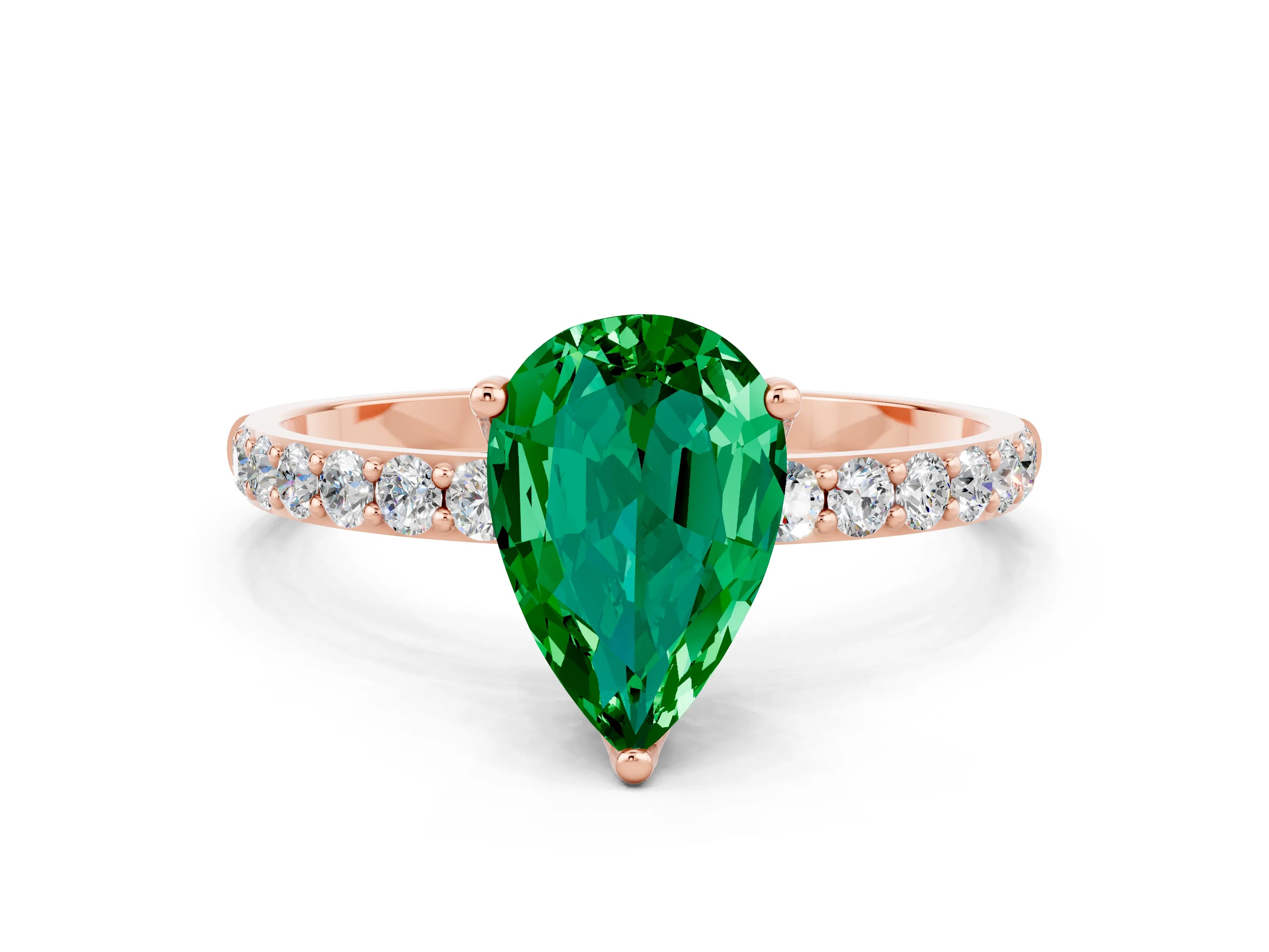Rose gold Pear Cut Emerald Solitaire Engagement Ring with Pavé Band and Prong Setting