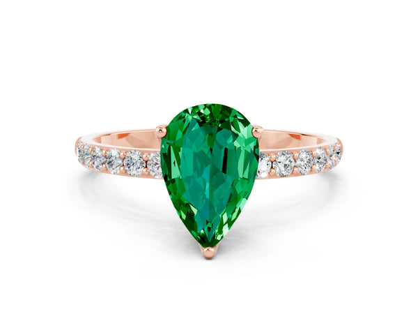 Rose gold Pear Cut Emerald Solitaire Engagement Ring with Round  Pavé Band and Prong Setting