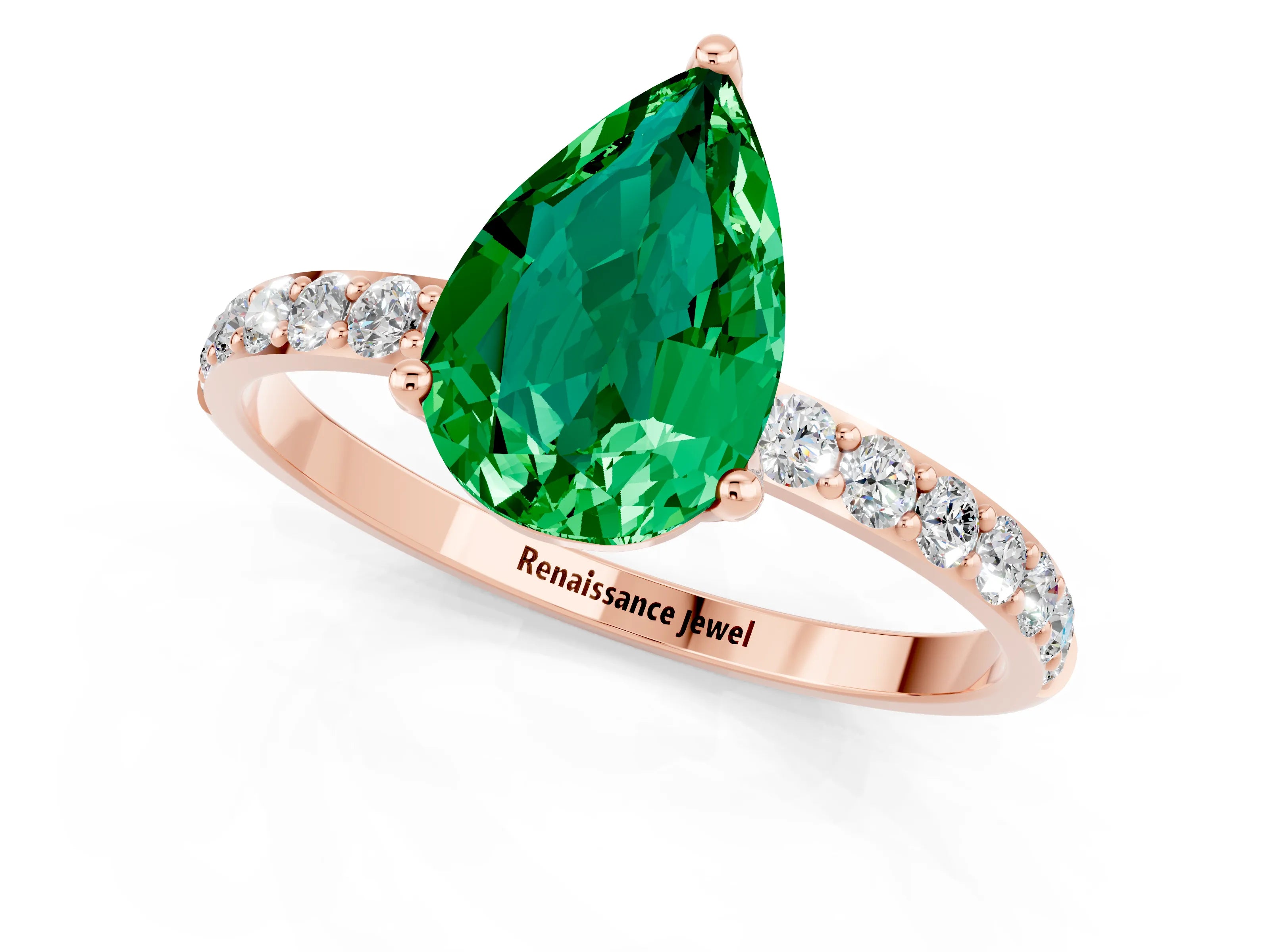 Rose gold Pear Cut Emerald Solitaire Engagement Ring with Pavé Band and Prong Setting_1