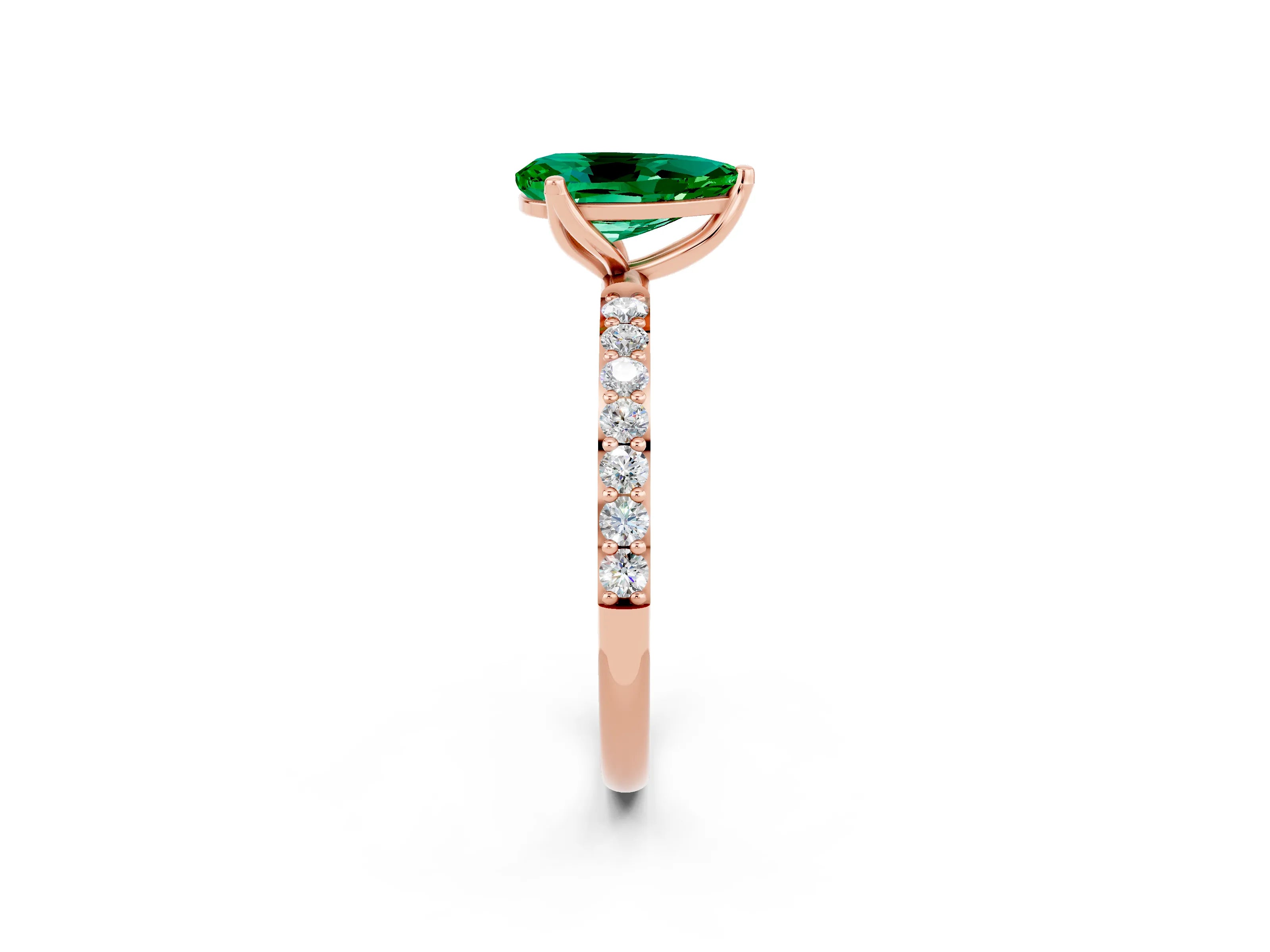 Rose gold Pear Cut Emerald Solitaire Engagement Ring with Pavé Band and Prong Setting_2