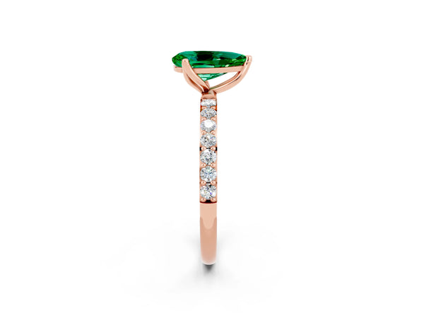 Rose gold Pear Cut Emerald Solitaire Engagement Ring with Round  Pavé Band and Prong Setting