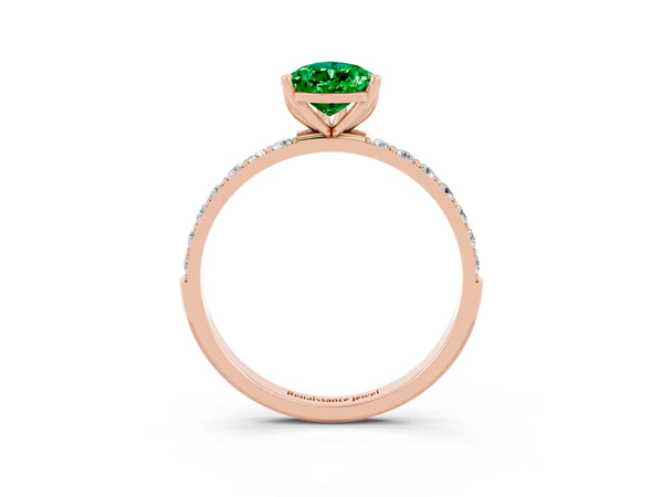 Rose gold Pear Cut Emerald Solitaire Engagement Ring with Round  Pavé Band and Prong Setting