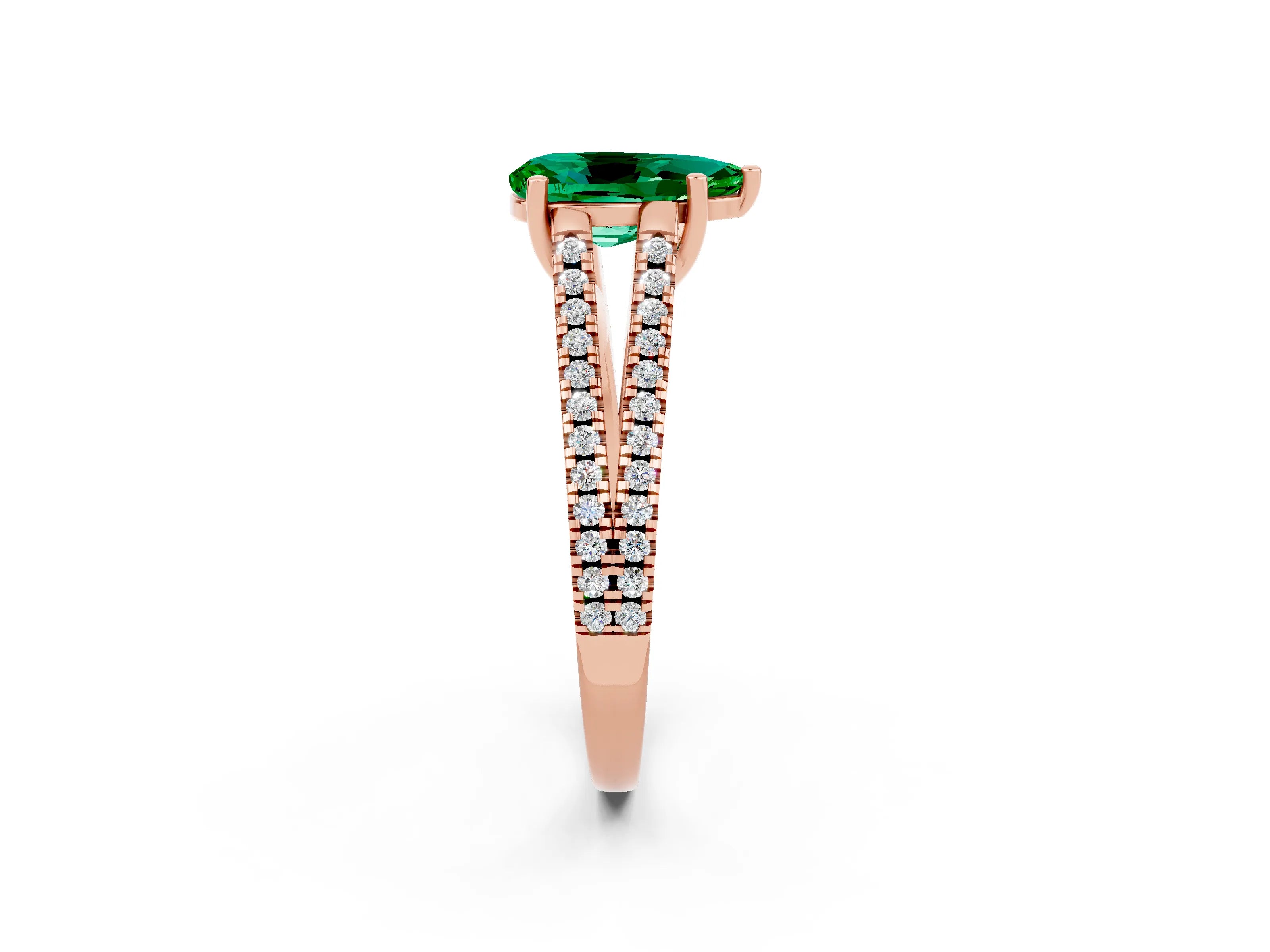 Rose gold Pear Cut Emerald Solitaire Engagement Ring with Split Shank Pavé Band_2