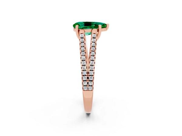 Rose gold Pear Cut Emerald Solitaire Engagement Ring with Split Shank Pavé Band