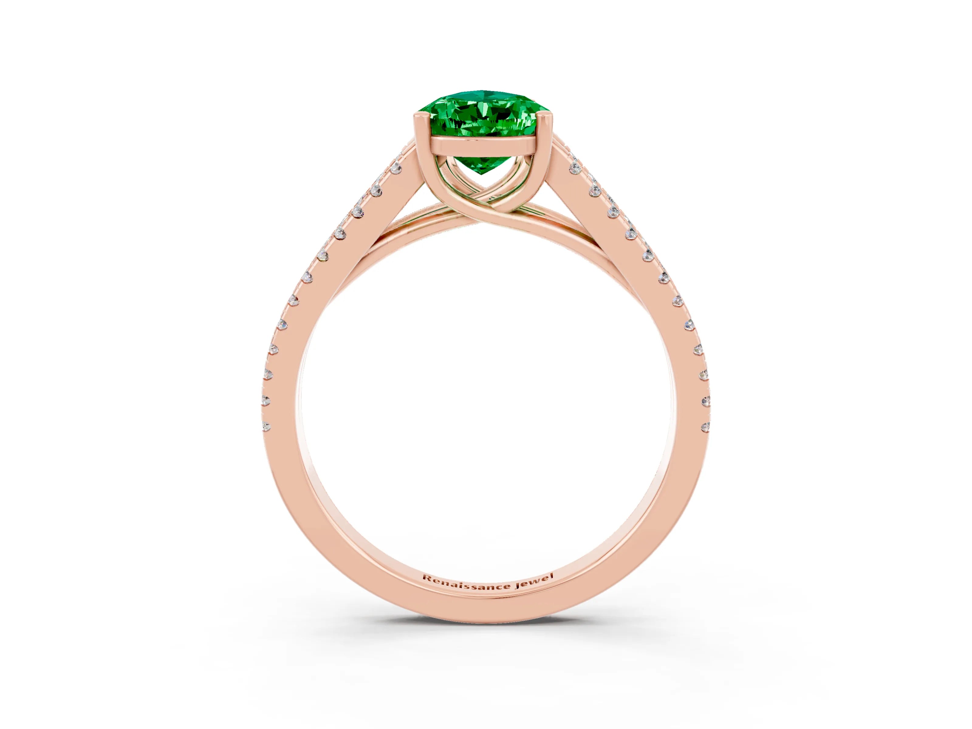 Rose gold Pear Cut Emerald Solitaire Engagement Ring with Split Shank Pavé Band_3
