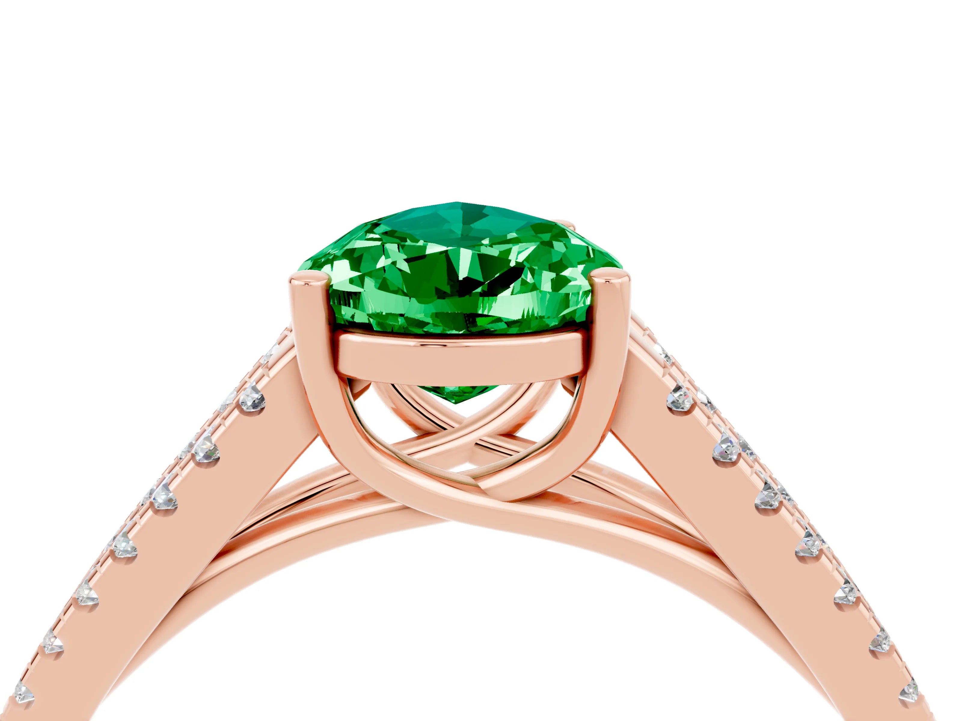 Rose gold Pear Cut Emerald Solitaire Engagement Ring with Split Shank Pavé Band_4