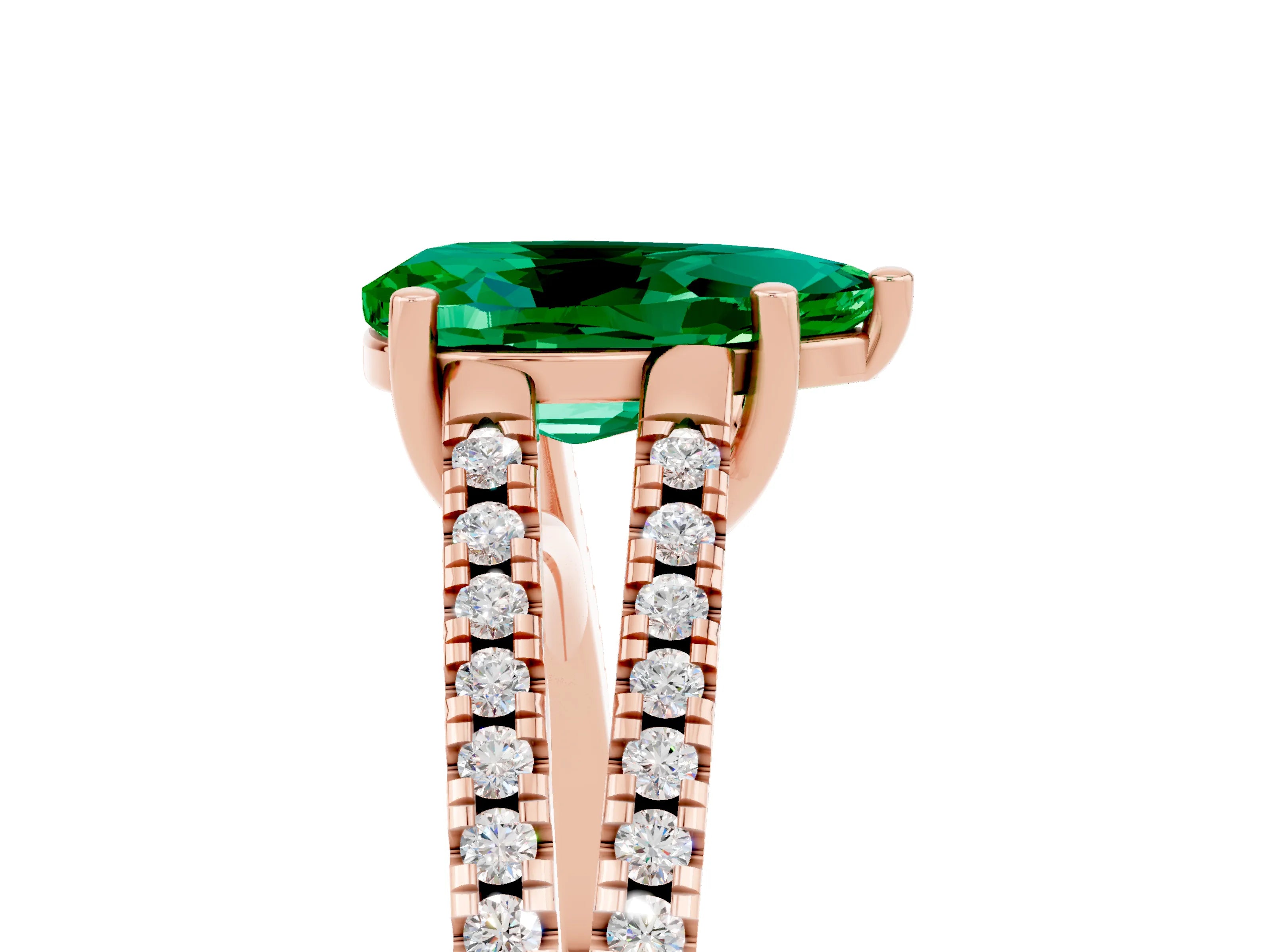 Rose gold Pear Cut Emerald Solitaire Engagement Ring with Split Shank Pavé Band_5