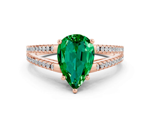 Rose gold Pear Cut Emerald Solitaire Engagement Ring with Split Shank Pavé Band