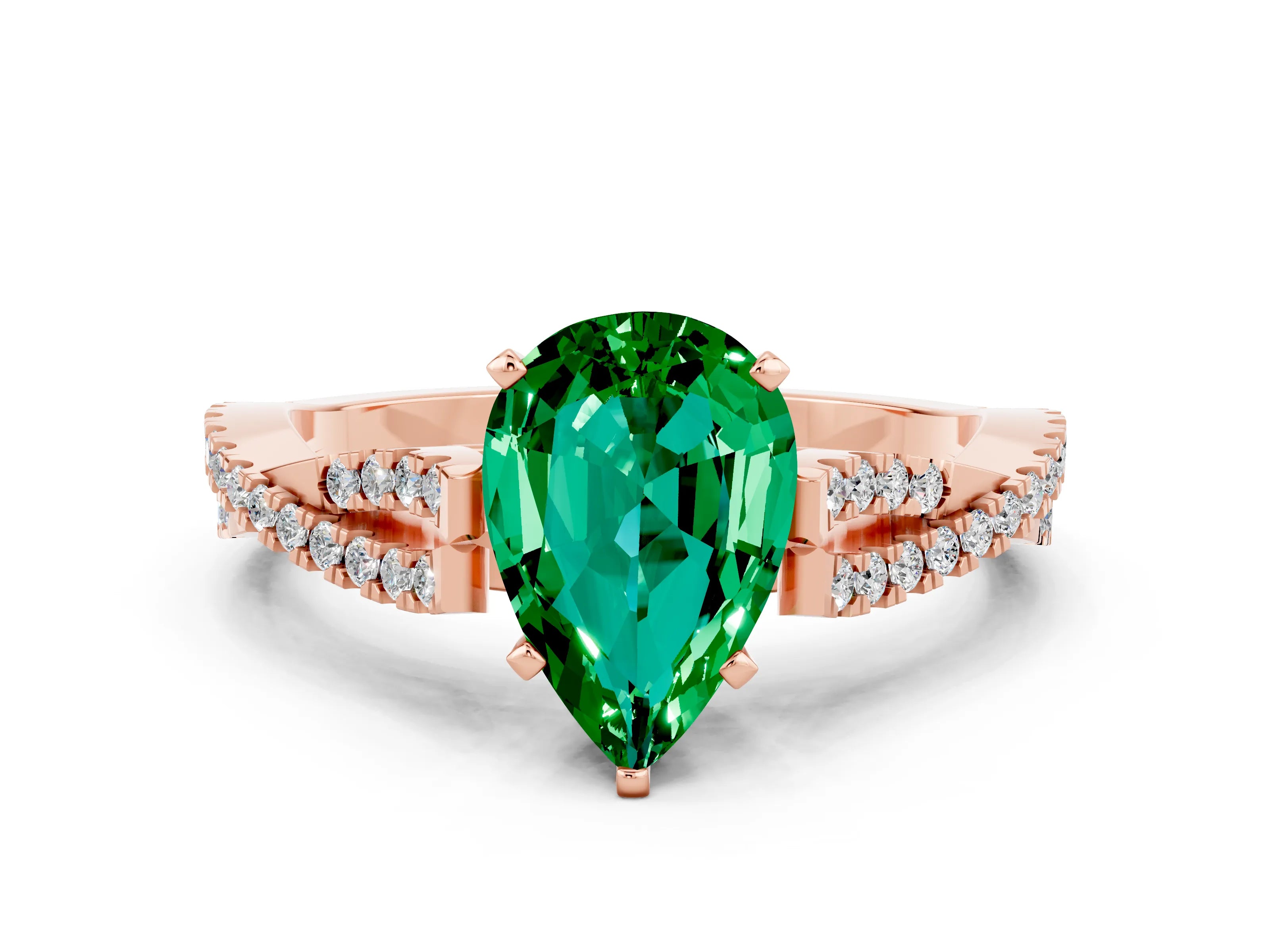 Rose gold Pear Cut Emerald Solitaire Engagement Ring with Twisted Pavé Band and Four-Prong Setting