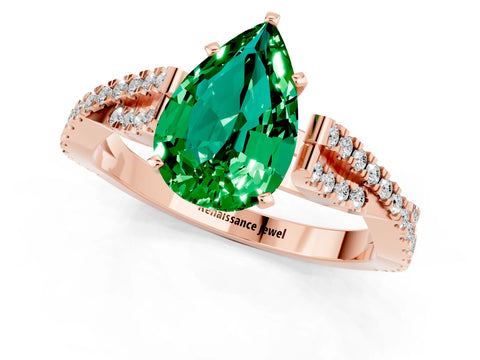 Rose gold Pear Cut Emerald Solitaire Engagement Ring with Twisted Pavé Band and Four-Prong Setting_1