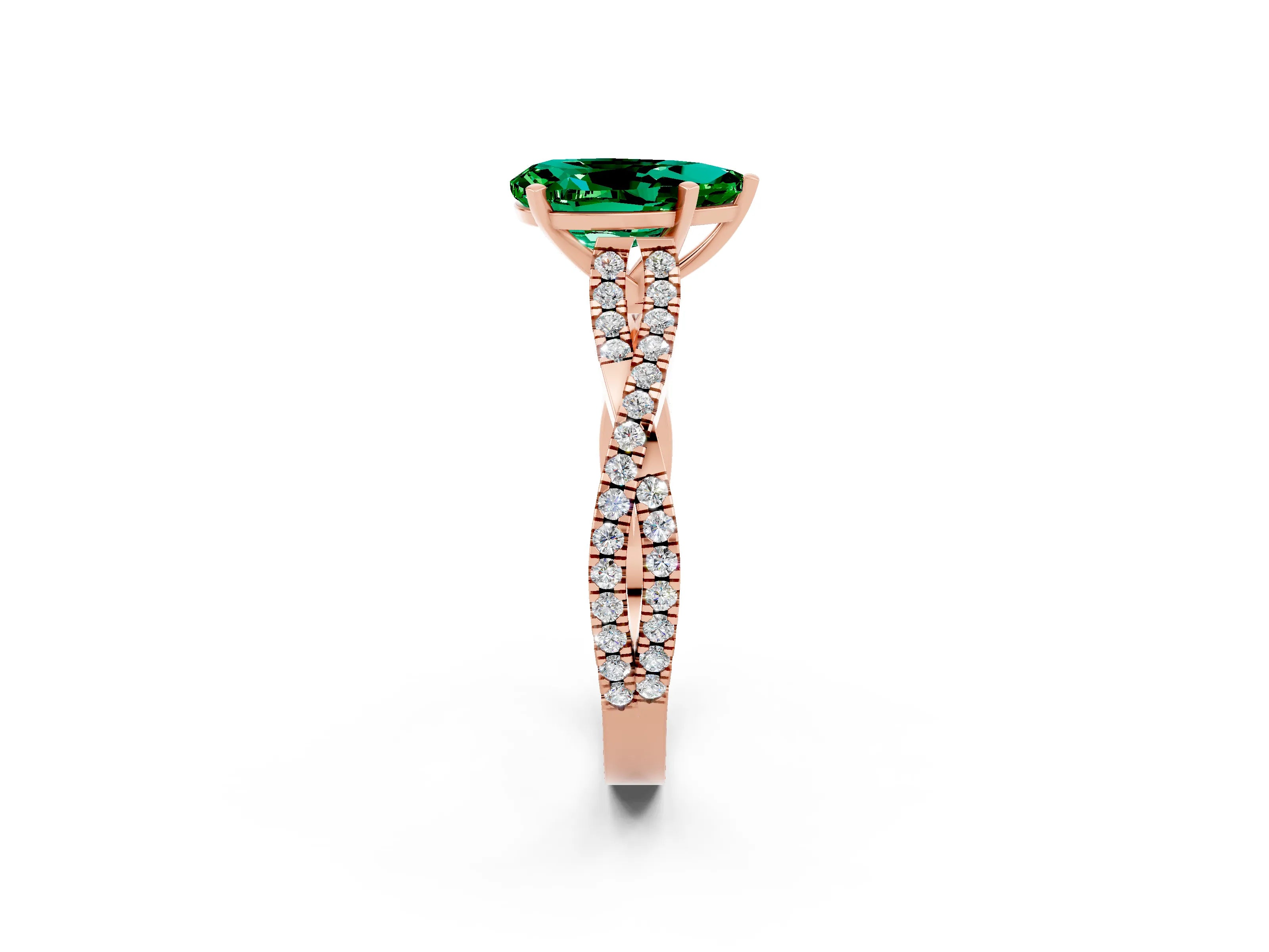 Rose gold Pear Cut Emerald Solitaire Engagement Ring with Twisted Pavé Band and Four-Prong Setting_2