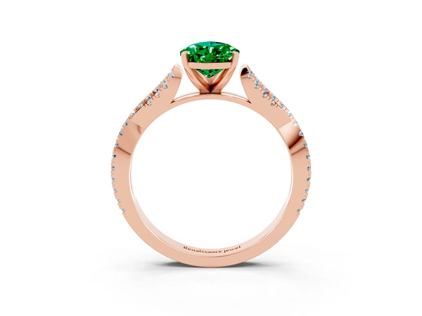 Rose gold Pear Cut Emerald Solitaire Engagement Ring with Twisted Pavé Band and Four-Prong Setting