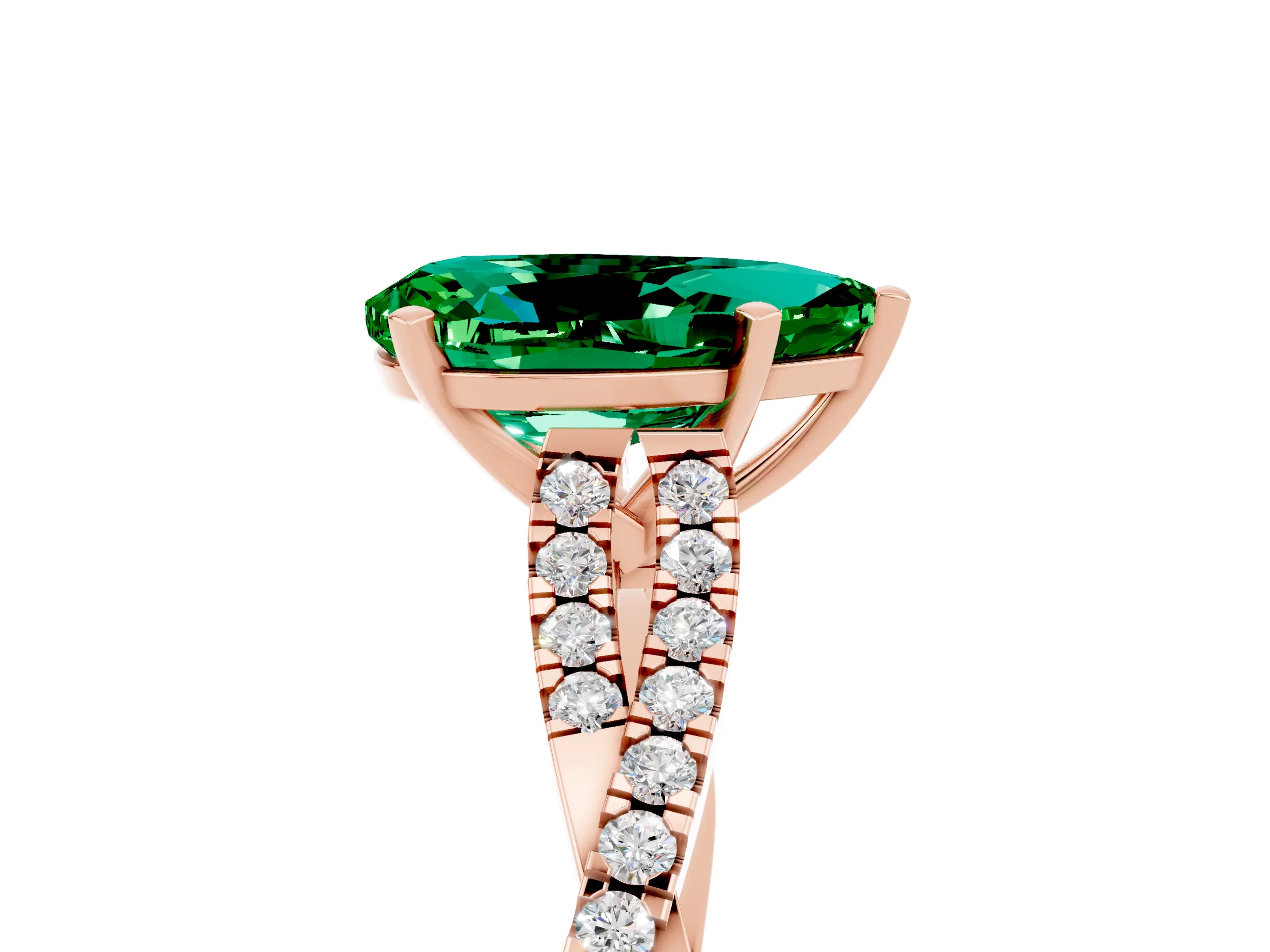 Rose gold Pear Cut Emerald Solitaire Engagement Ring with Twisted Pavé Band and Four-Prong Setting_5