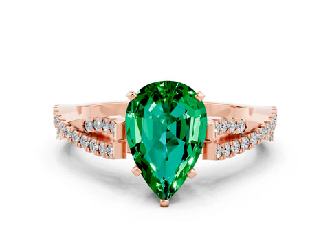 Rose gold Pear Cut Emerald Solitaire Engagement Ring with Twisted Pavé Band and Four-Prong Setting