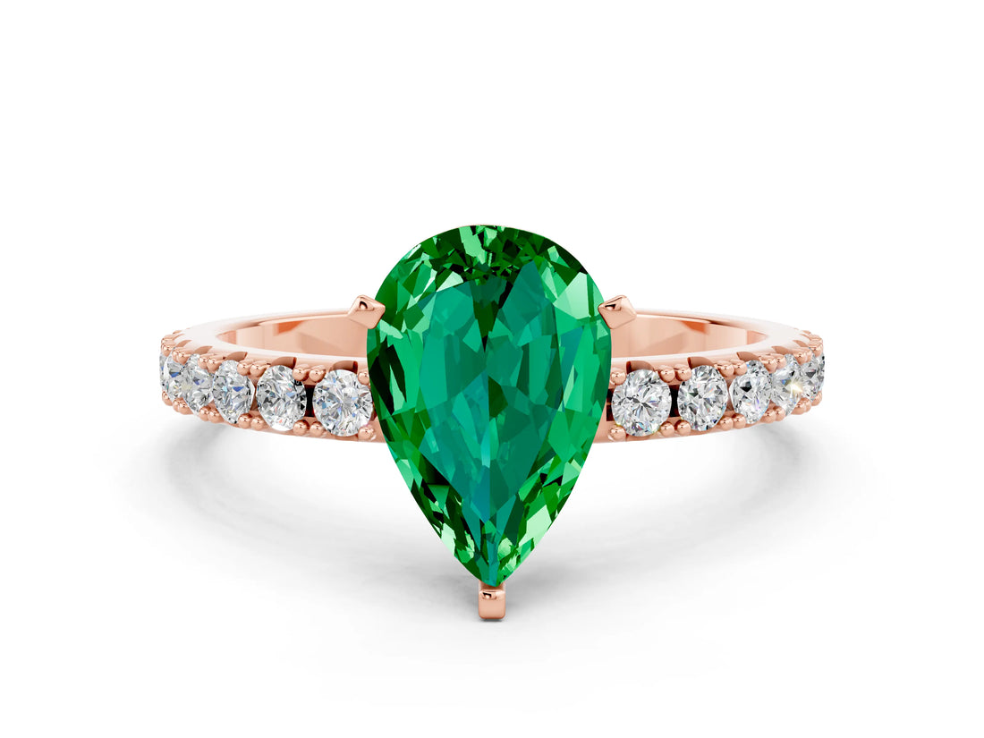 Rose gold Pear Cut Emerald Solitaire Pavé Band with Four-Prong Setting
