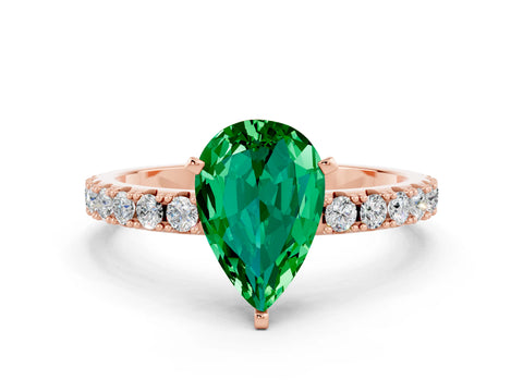 Rose gold Pear Cut Emerald Solitaire Pavé Band with Four-Prong Setting