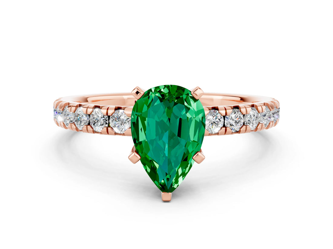 Rose gold Pear Cut Emerald Solitaire Pavé Engagement Ring with Round Band and Prong Setting_72