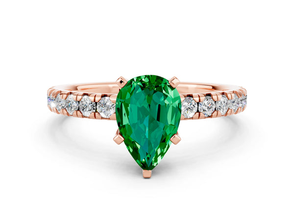 Rose gold Pear Cut Emerald Solitaire Pavé Engagement Ring with Round Band and Prong Setting