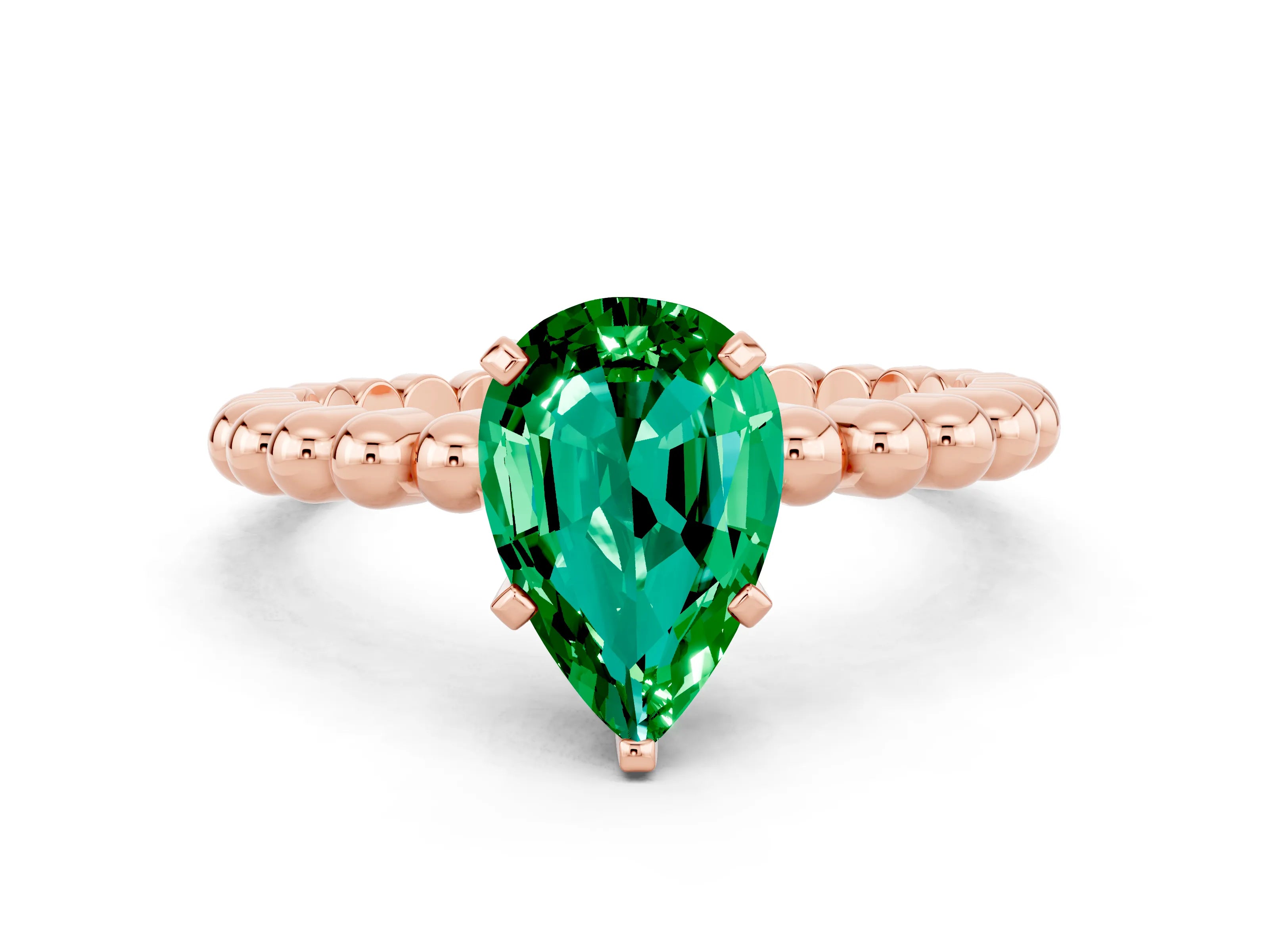 Rose gold Pear Cut Emerald Solitaire Ring with Beaded Band and Prong Setting