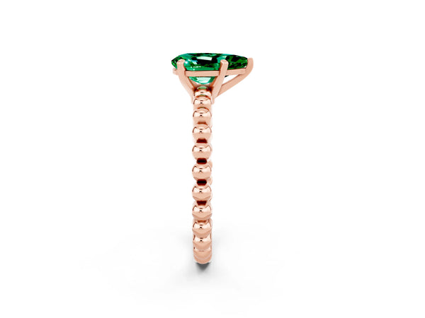 Rose gold Pear Cut Emerald Solitaire Ring with Beaded Band and Prong Setting
