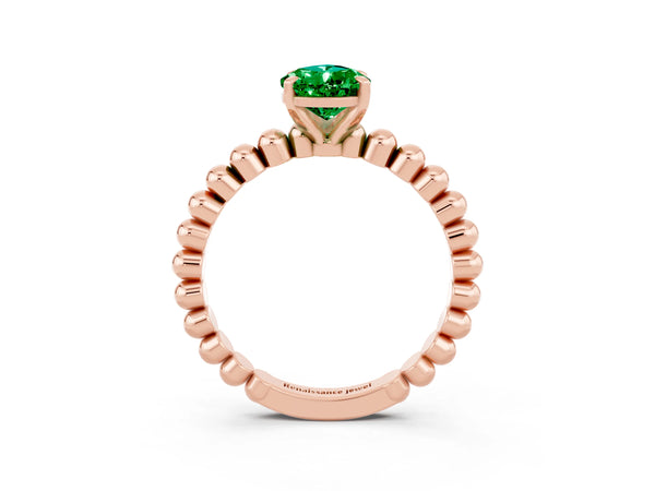 Rose gold Pear Cut Emerald Solitaire Ring with Beaded Band and Prong Setting