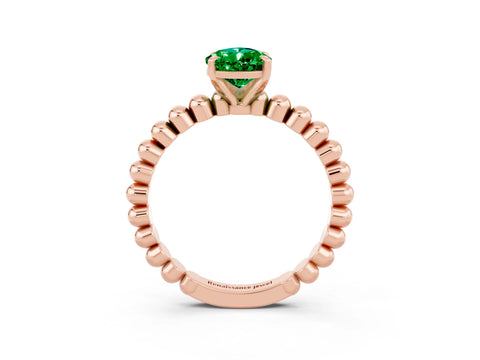 Rose gold Pear Cut Emerald Solitaire Ring with Beaded Band and Prong Setting_3