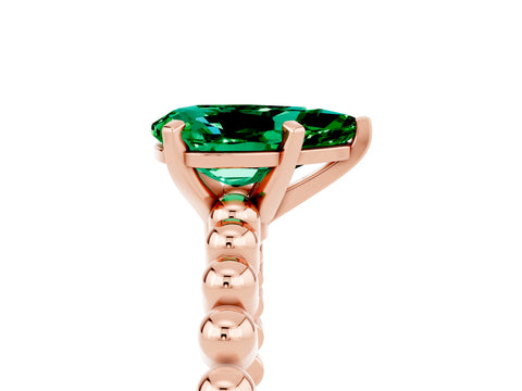 Rose gold Pear Cut Emerald Solitaire Ring with Beaded Band and Prong Setting_5