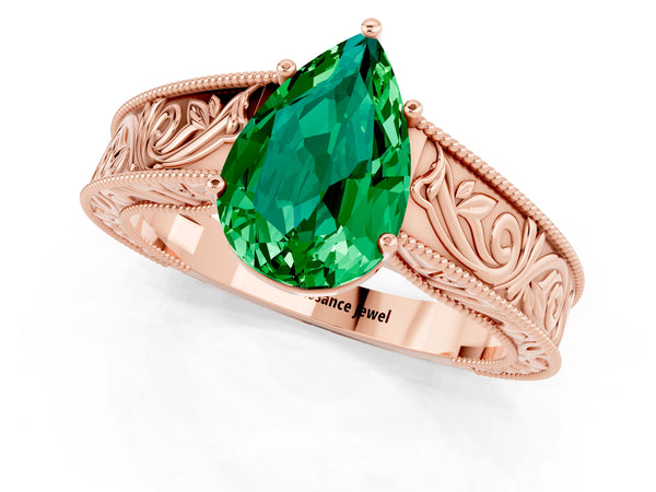 Rose gold Pear Cut Emerald Solitaire Ring with Engraved Band and Four-Prong Setting
