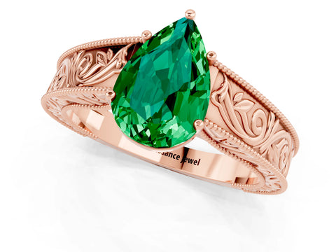 Rose gold Pear Cut Emerald Solitaire Ring with Engraved Band and Four-Prong Setting_1