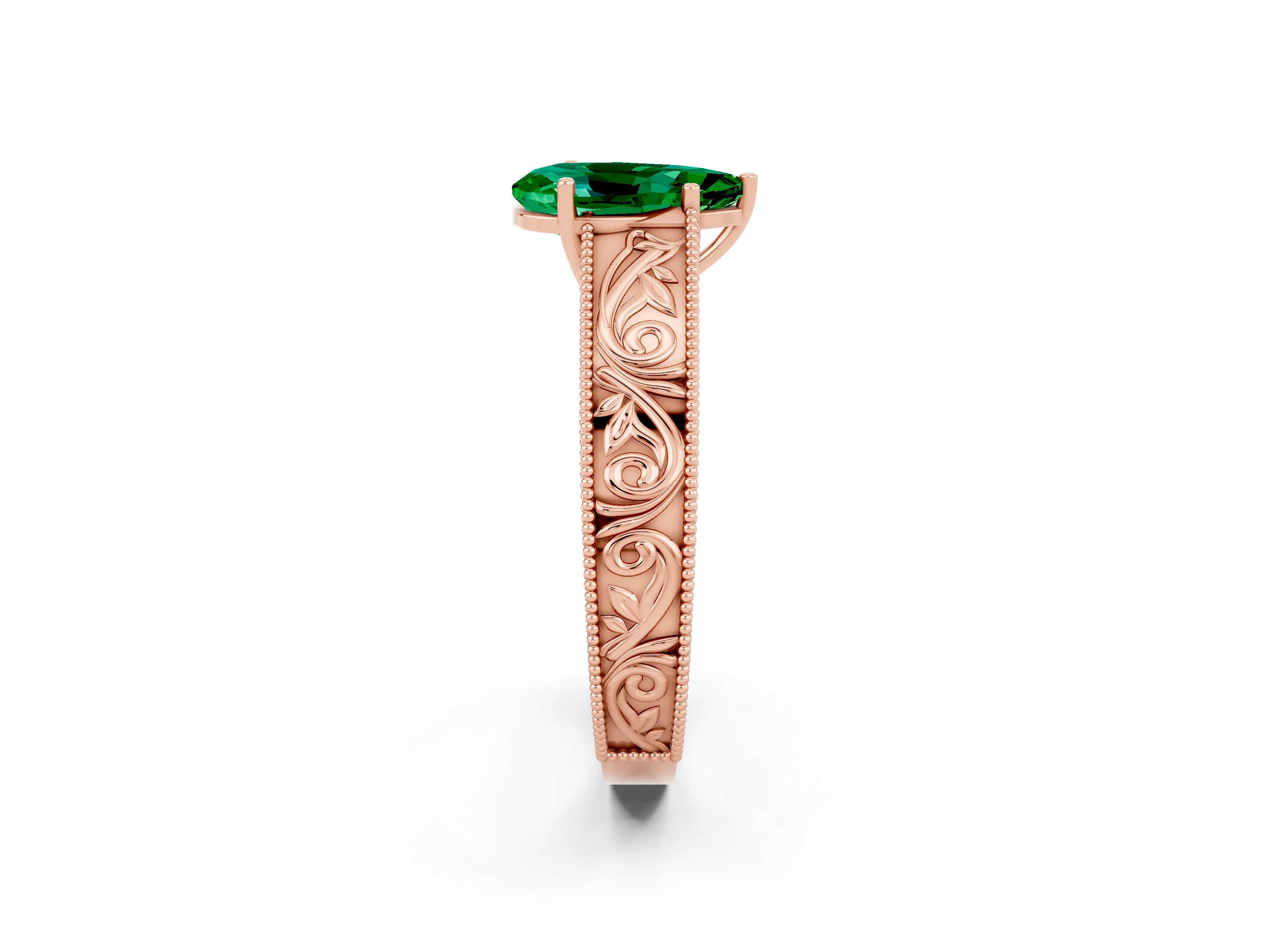 Rose gold Pear Cut Emerald Solitaire Ring with Engraved Band and Four-Prong Setting_2