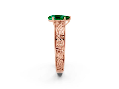 Rose gold Pear Cut Emerald Solitaire Ring with Engraved Band and Four-Prong Setting_2