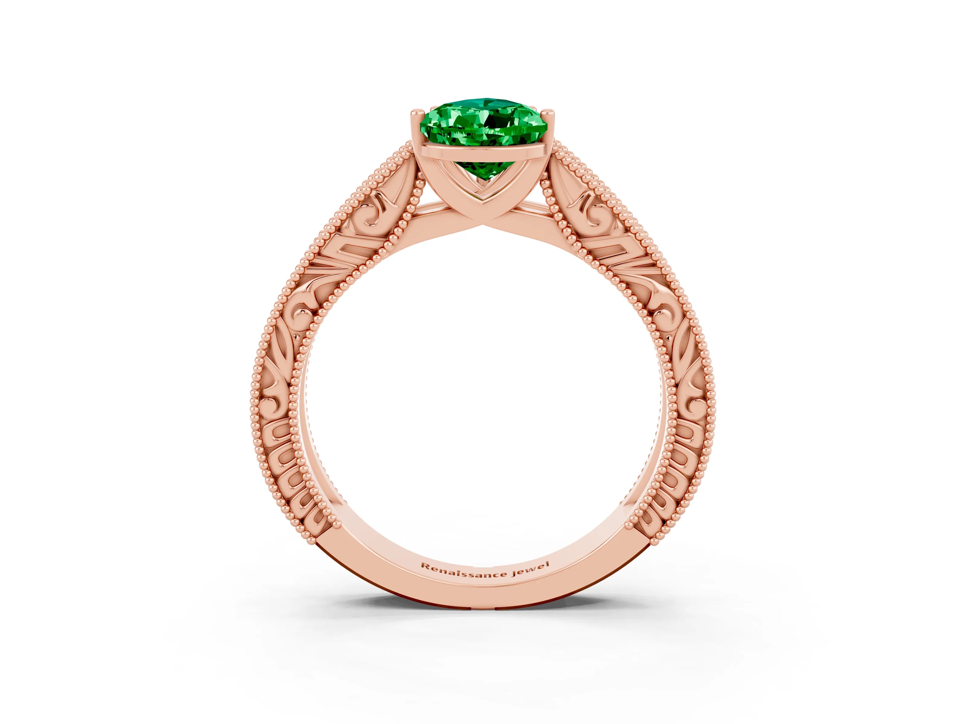 Rose gold Pear Cut Emerald Solitaire Ring with Engraved Band and Four-Prong Setting_3