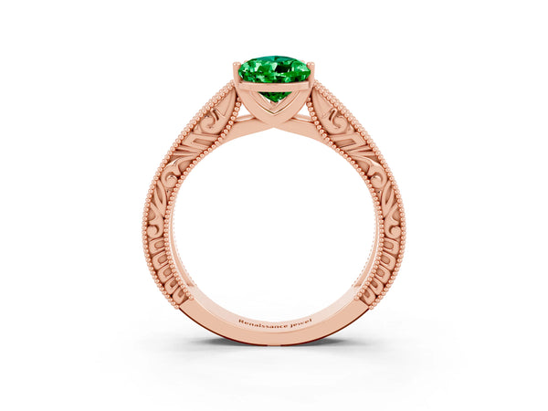 Rose gold Pear Cut Emerald Solitaire Ring with Engraved Band and Four-Prong Setting