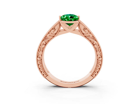 Rose gold Pear Cut Emerald Solitaire Ring with Engraved Band and Four-Prong Setting_3
