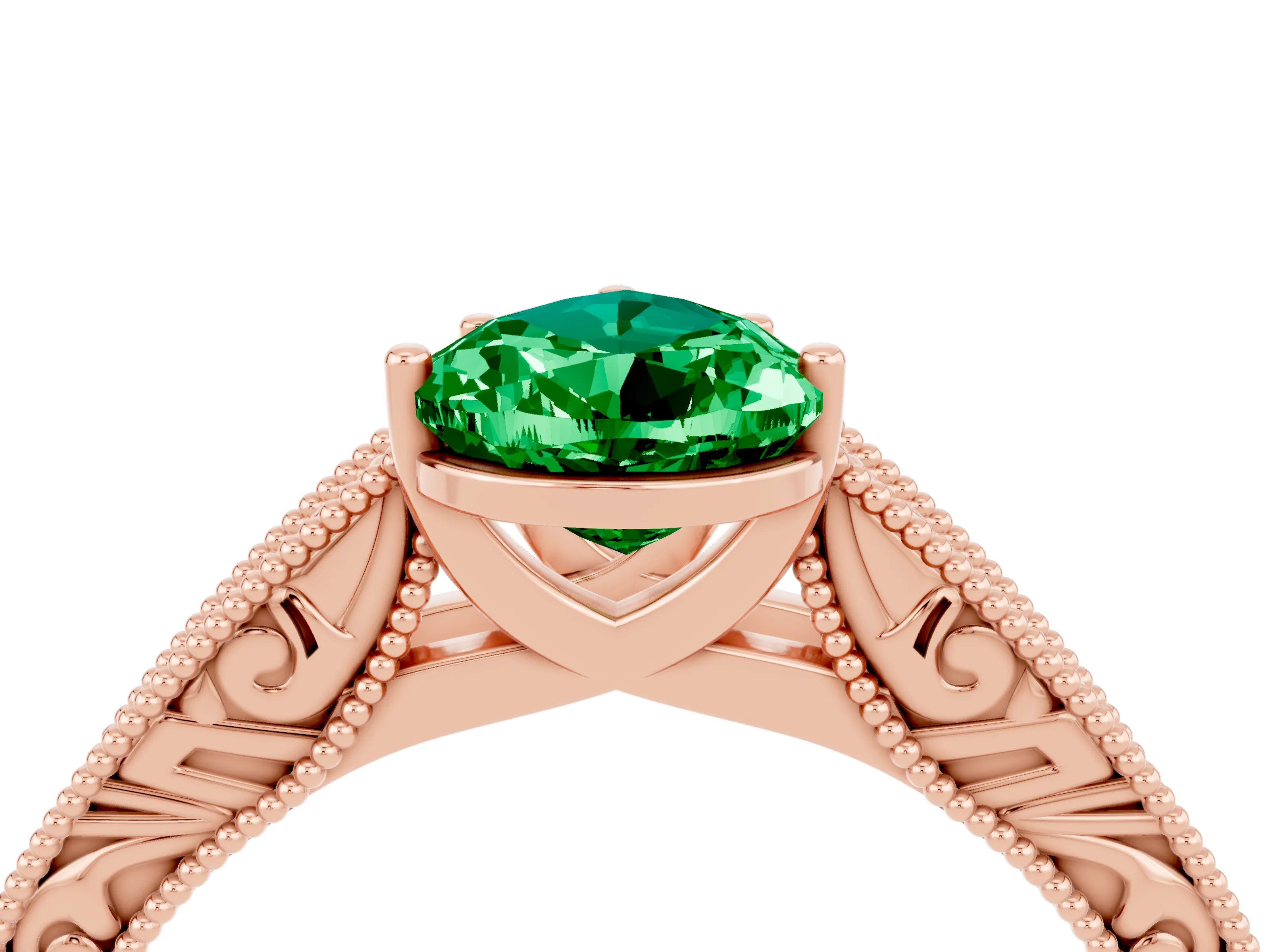 Rose gold Pear Cut Emerald Solitaire Ring with Engraved Band and Four-Prong Setting_4